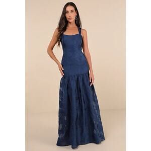 NEW FLAW Lulus Opulent Navy Floral Jacquard Tie-Back Drop Waist Maxi Dress Mediu